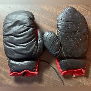 Vintage Leather Youth Boxing Gloves Black Leather w/ Red